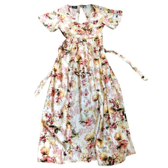 Angie Floral Walk-Through Romper/Maxi Dress Smocked Cutout Back M #60F - Picture 1 of 8
